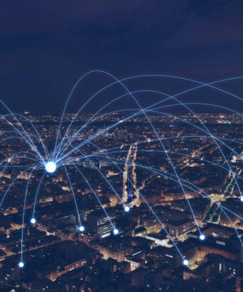 network communication or distribution concept, connection line from central point over night city